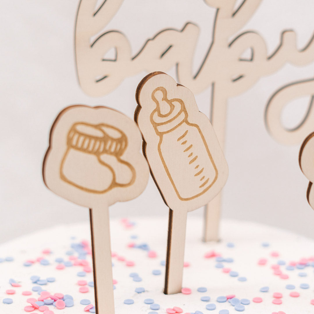 Cake Topper Set zur Babyparty, 7-teilig aus Holz "Oh Baby" - JULIBER MANUFAKTUR