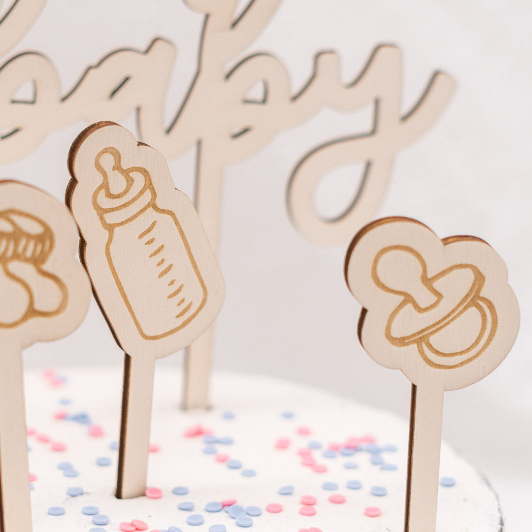 Cake Topper Set zur Babyparty, 7-teilig aus Holz "Oh Baby" - JULIBER MANUFAKTUR