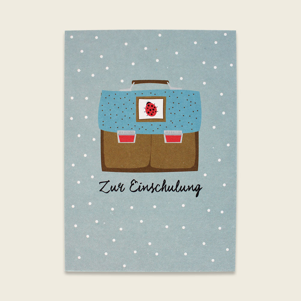 Postkarte "Zur Einschulung - Schulranzen" - ocker/blau - JULIBER MANUFAKTUR