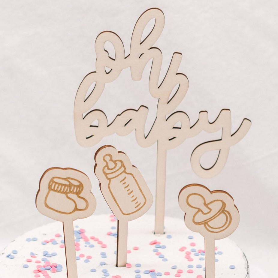 Cake Topper Set zur Babyparty, 7-teilig aus Holz "Oh Baby"