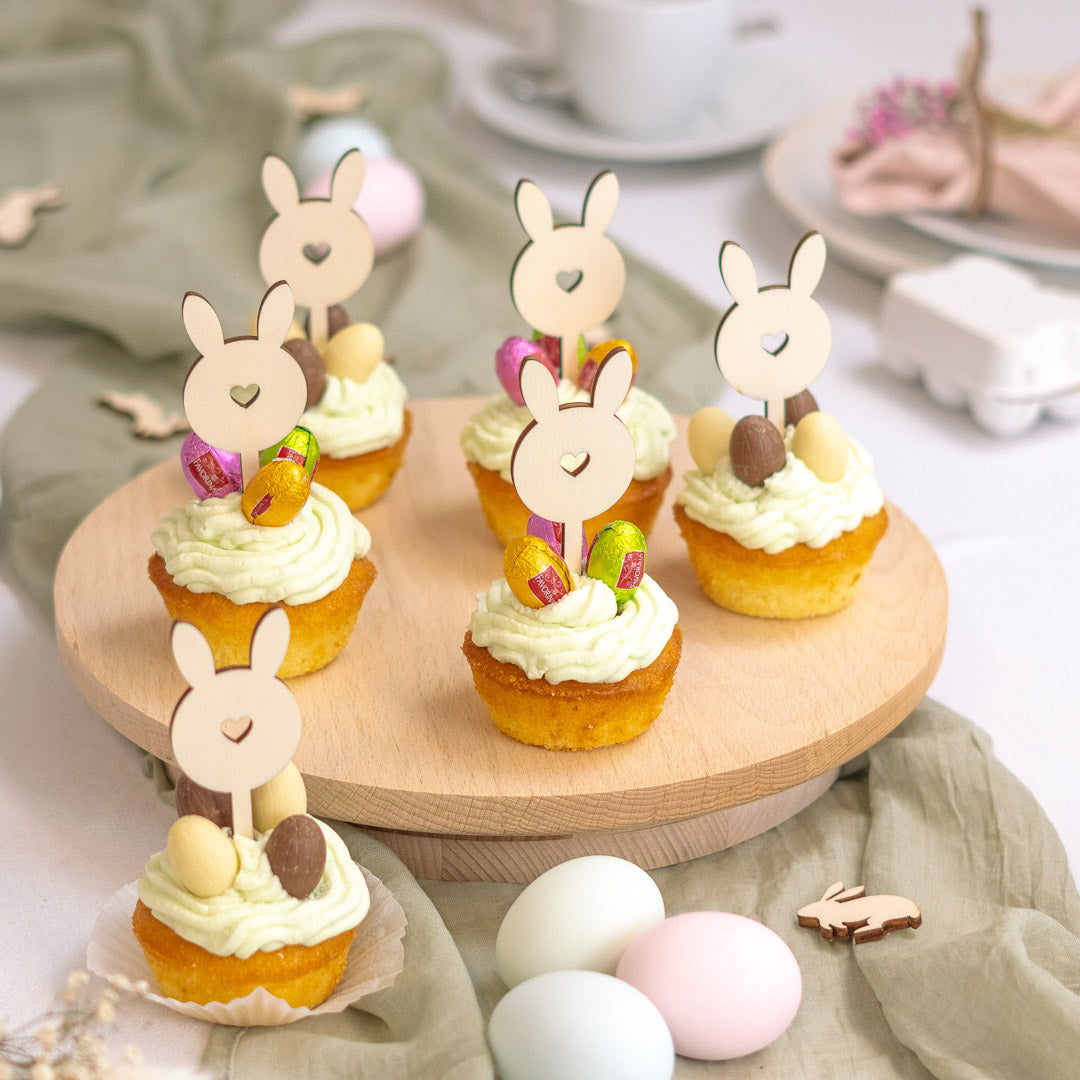 Cake Topper Set für Muffins zu Ostern aus Holz "Herzhasen"