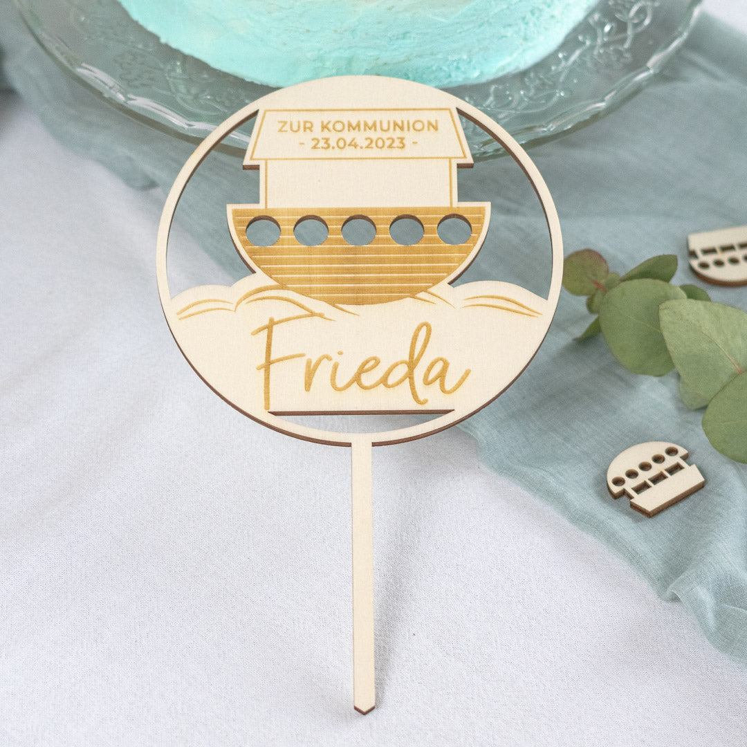 Cake Topper personalisiert zur Taufe & Kommunion aus Holz "Arche"