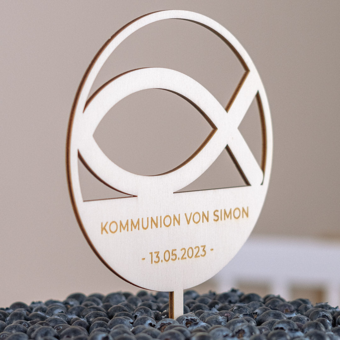 Cake Topper personalisiert zur Taufe & Kommunion aus Holz "Fisch"