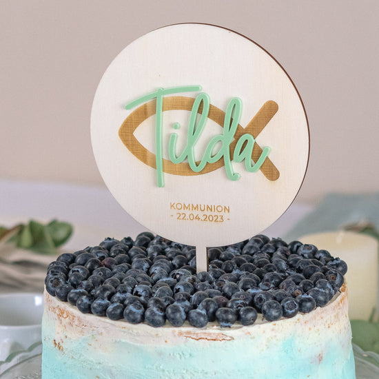 Cake Topper personalisiert zur Taufe & Kommunion aus Holz und Acrylglas "Fisch"