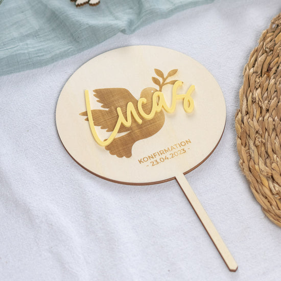 Cake Topper personalisiert zur Taufe & Kommunion aus Holz und Acrylglas "Friedenstaube"