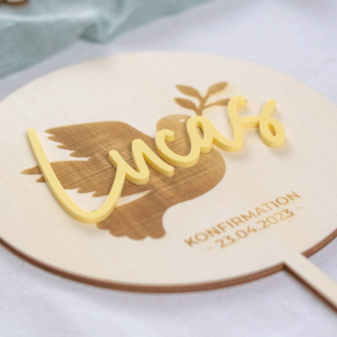 Cake Topper personalisiert zur Taufe & Kommunion aus Holz und Acrylglas "Friedenstaube"