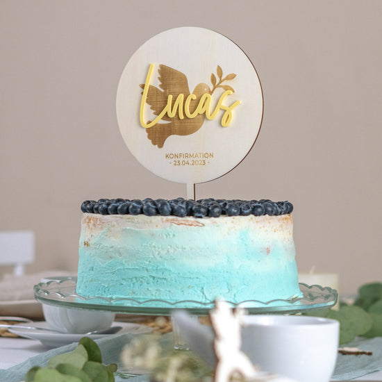 Cake Topper personalisiert zur Taufe & Kommunion aus Holz und Acrylglas "Friedenstaube"