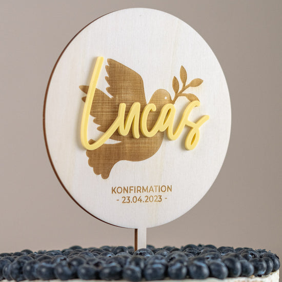 Cake Topper personalisiert zur Taufe & Kommunion aus Holz und Acrylglas "Friedenstaube"