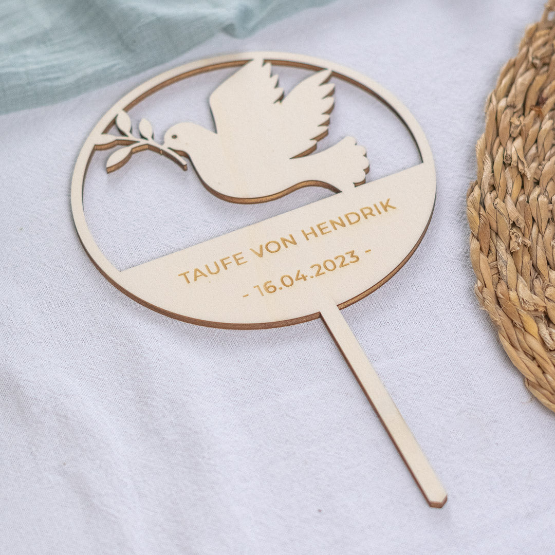 Cake Topper personalisiert zur Taufe & Kommunion aus Holz "Friedenstaube"