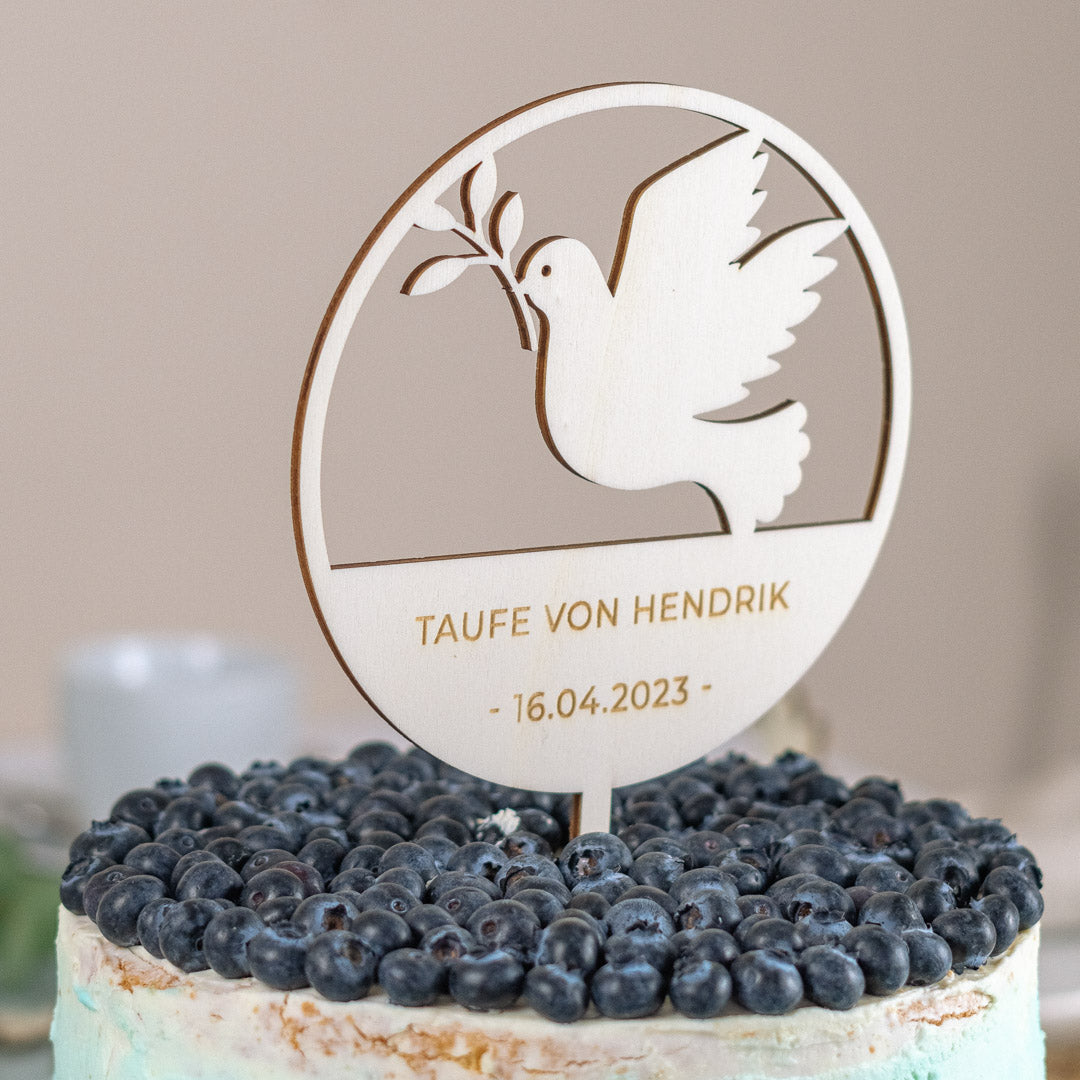 Cake Topper personalisiert zur Taufe & Kommunion aus Holz "Friedenstaube"