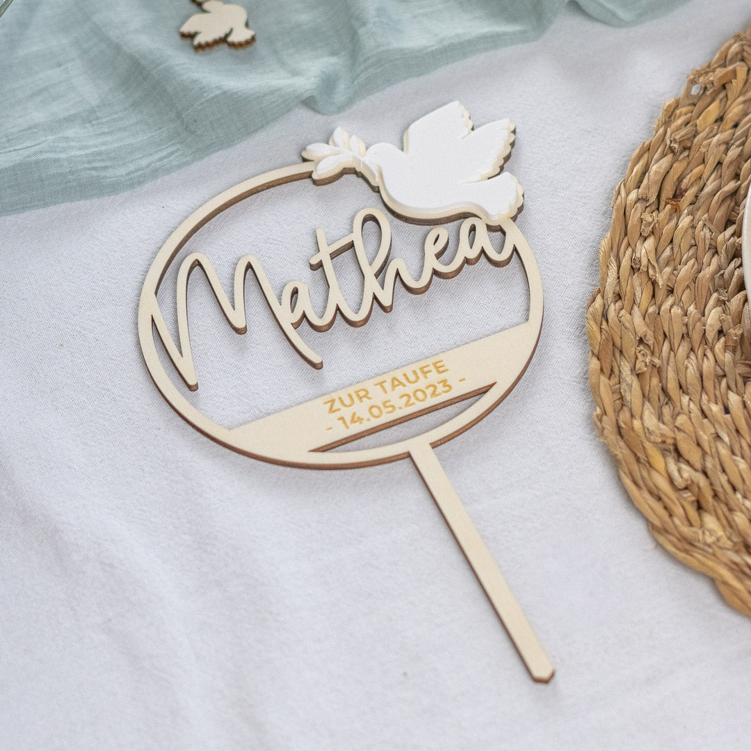 Cake Topper personalisiert zur Taufe & Kommunion aus Holz und Acrylglas "Friedenstaube"