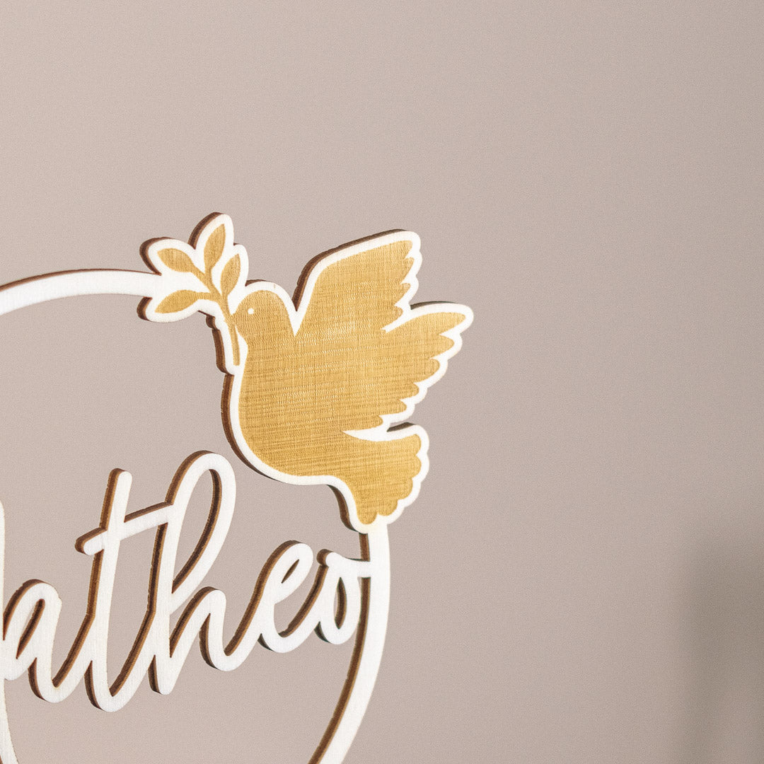 Cake Topper personalisiert zur Taufe & Kommunion aus Holz und Acrylglas "Friedenstaube"