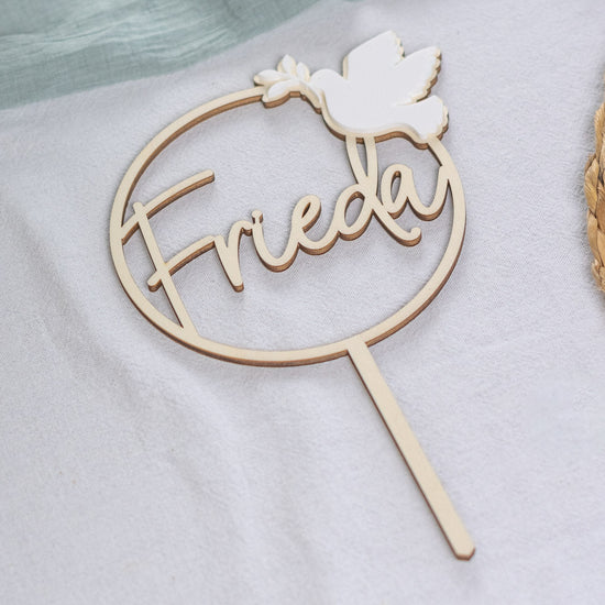 Cake Topper personalisiert zur Taufe & Kommunion aus Holz und Acrylglas "Friedenstaube"