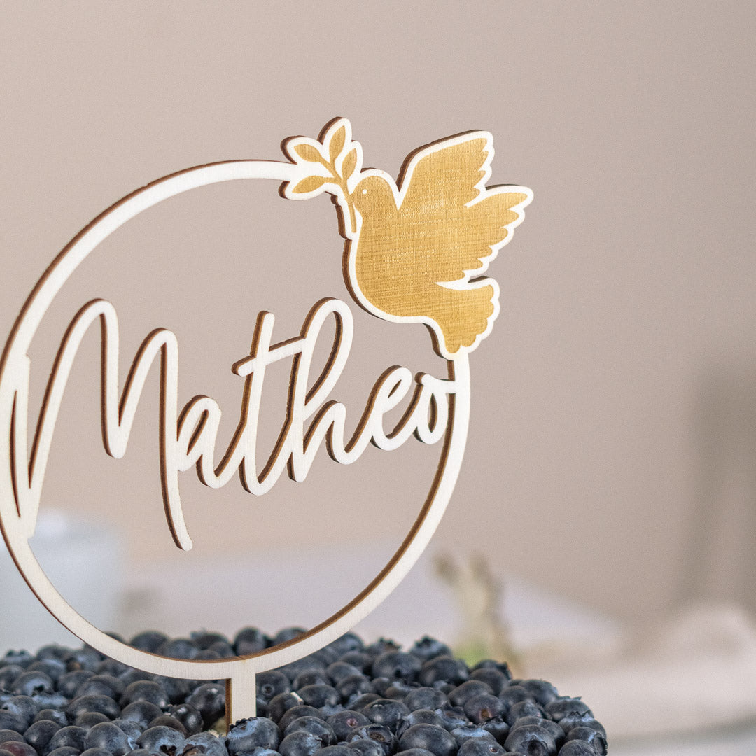 Cake Topper personalisiert zur Taufe & Kommunion aus Holz und Acrylglas "Friedenstaube"