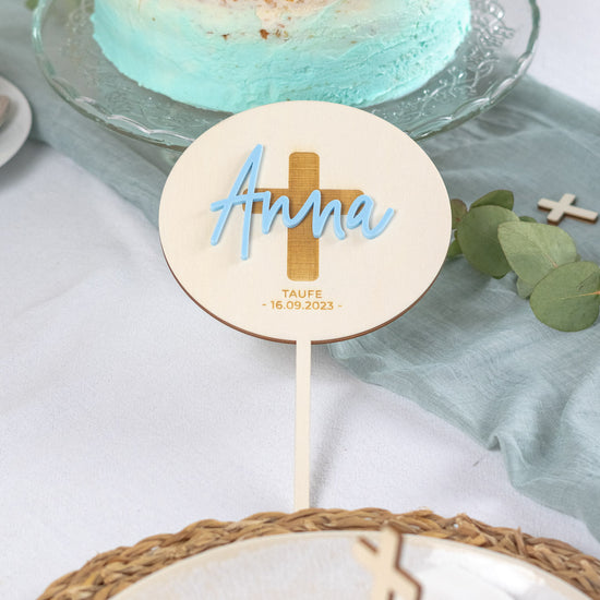 Cake Topper personalisiert zur Taufe & Kommunion aus Holz und Acrylglas "Kreuz"