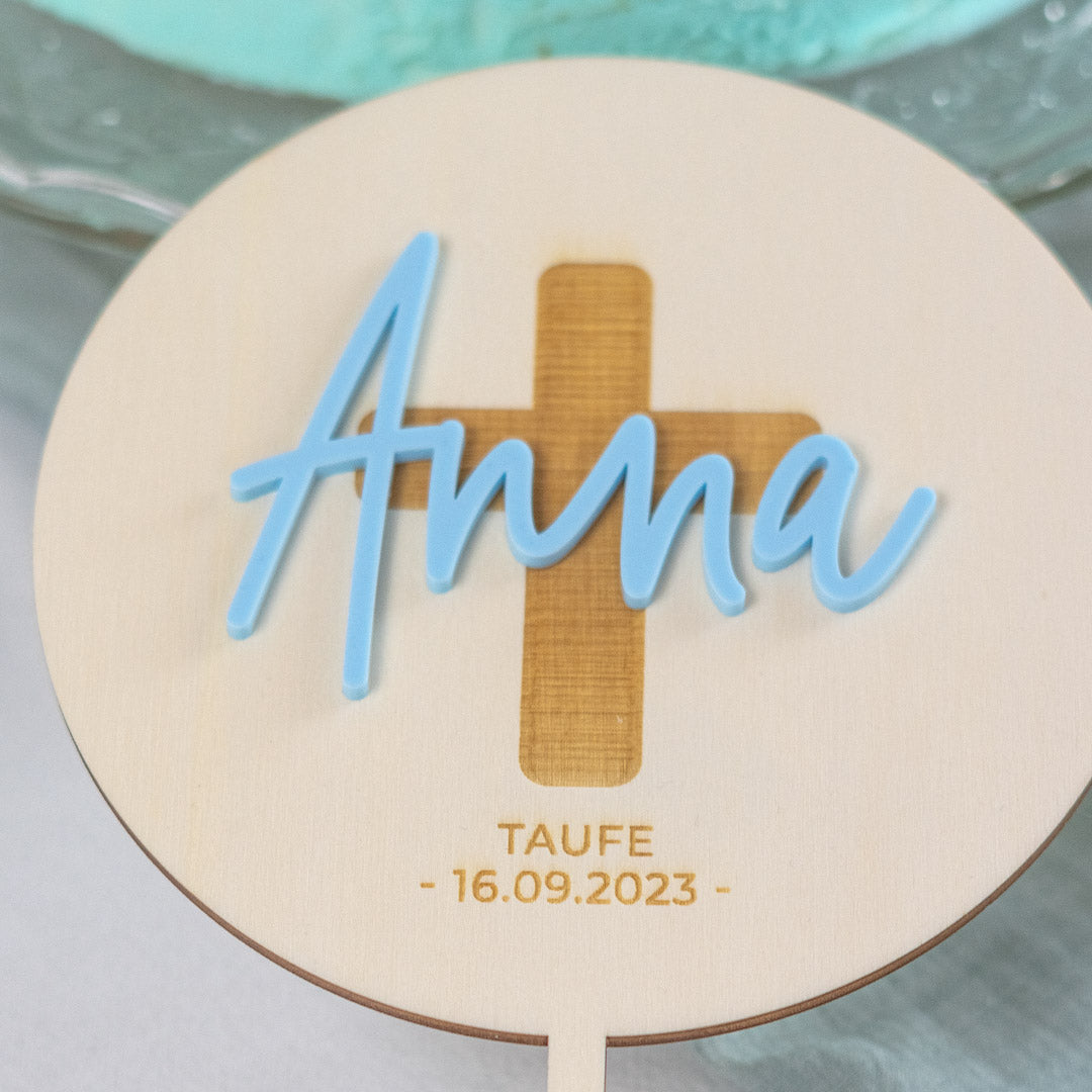 Cake Topper personalisiert zur Taufe & Kommunion aus Holz und Acrylglas "Kreuz"