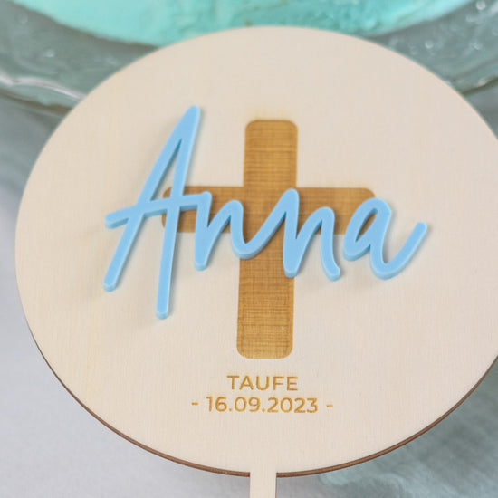 Cake Topper personalisiert zur Taufe & Kommunion aus Holz und Acrylglas "Kreuz"