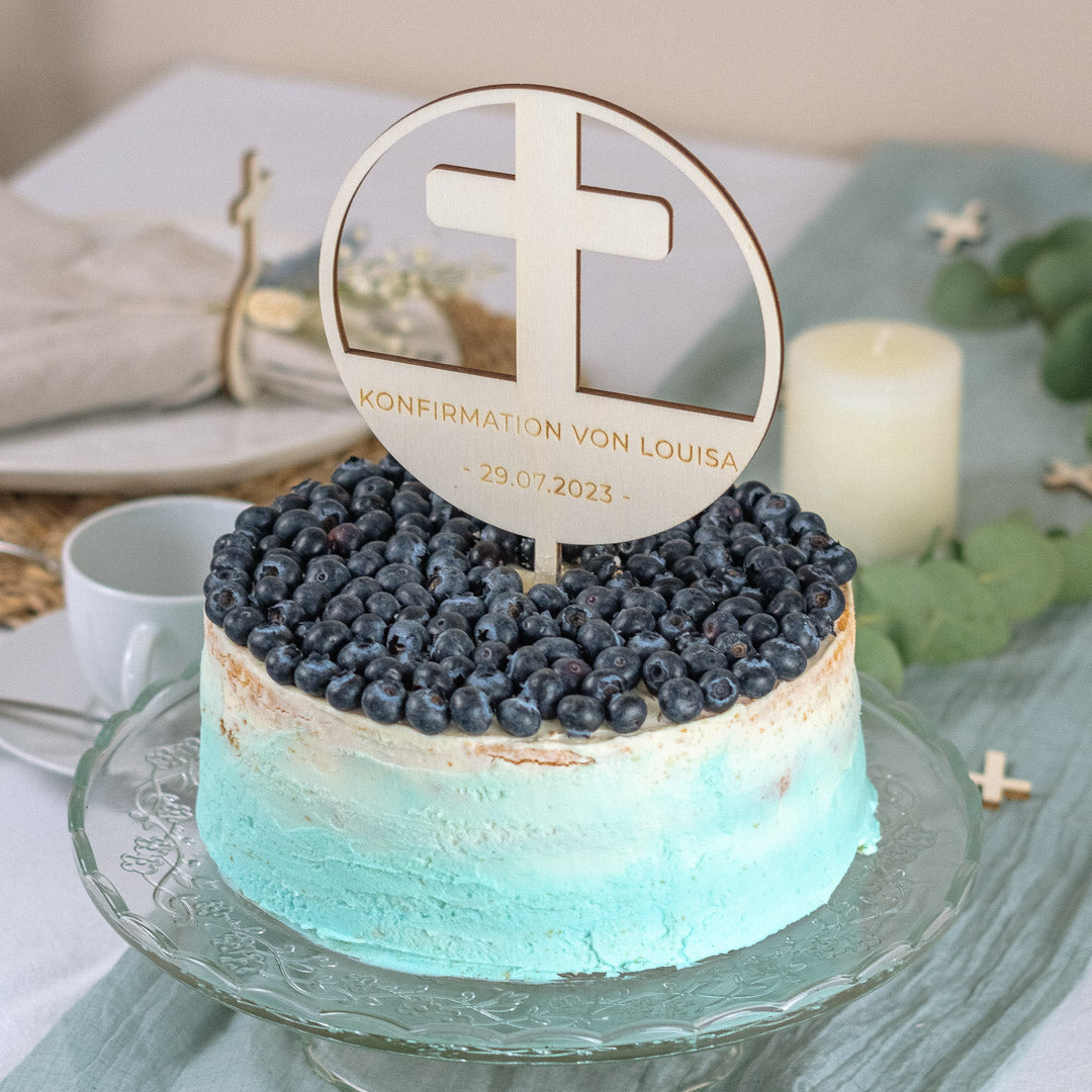 Cake Topper personalisiert zur Taufe & Kommunion aus Holz "Kreuz"