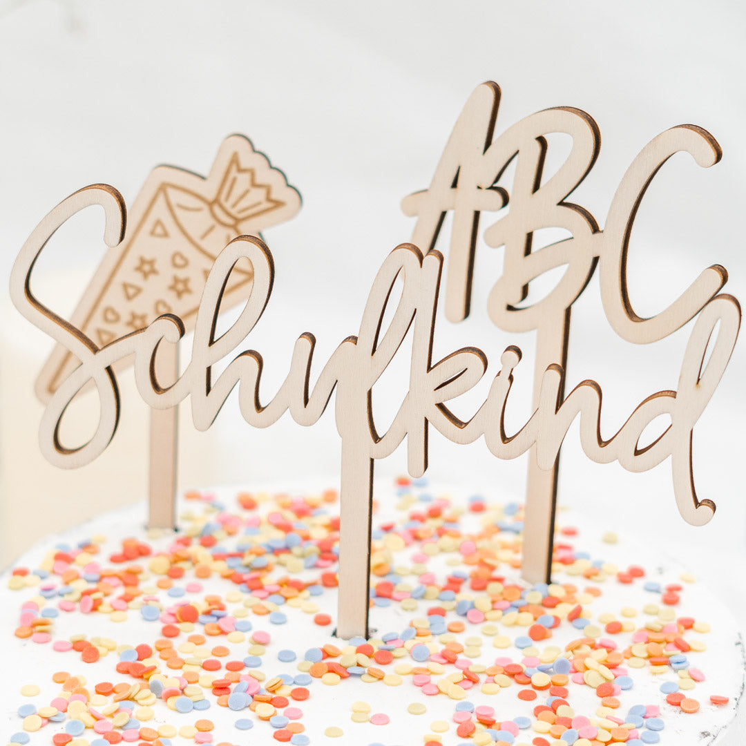 Cake Topper Set zur Einschulung, 3-teilig aus Holz "Schulkind"