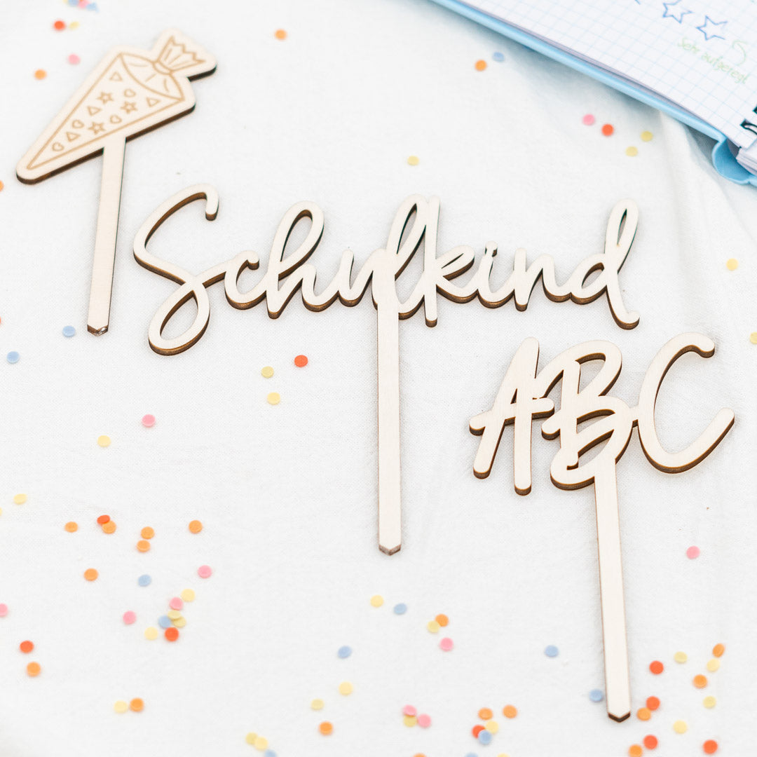 Cake Topper Set zur Einschulung, 3-teilig aus Holz "Schulkind"