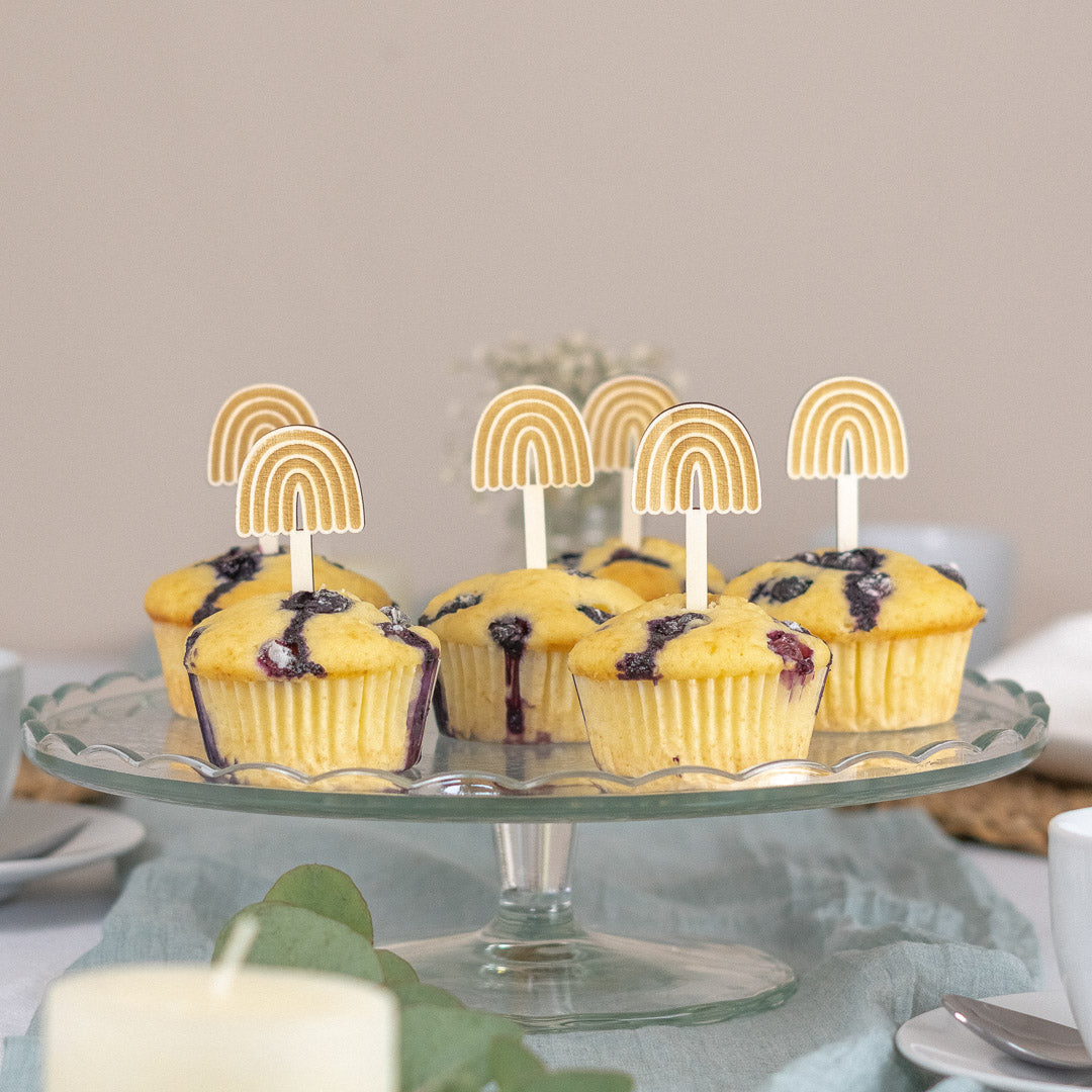 Cake Topper Set für Muffins zum Geburtstag, Taufe aus Holz "Regenbogen"