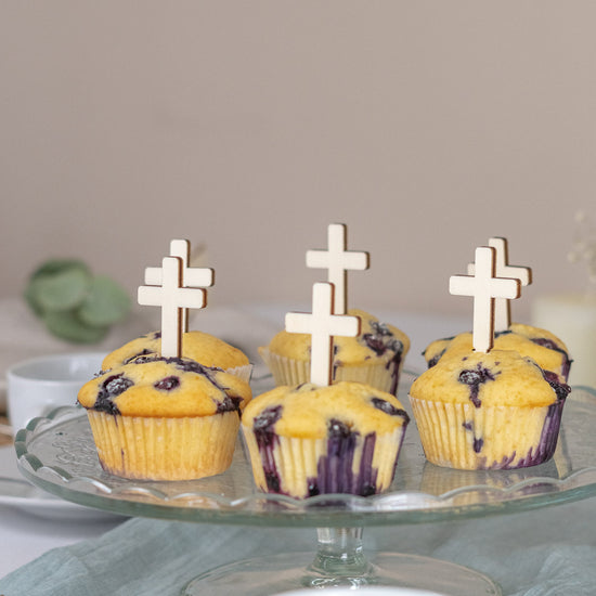 Cake Topper Set für Muffins zur Taufe, Kommunion aus Holz "Kreuz"