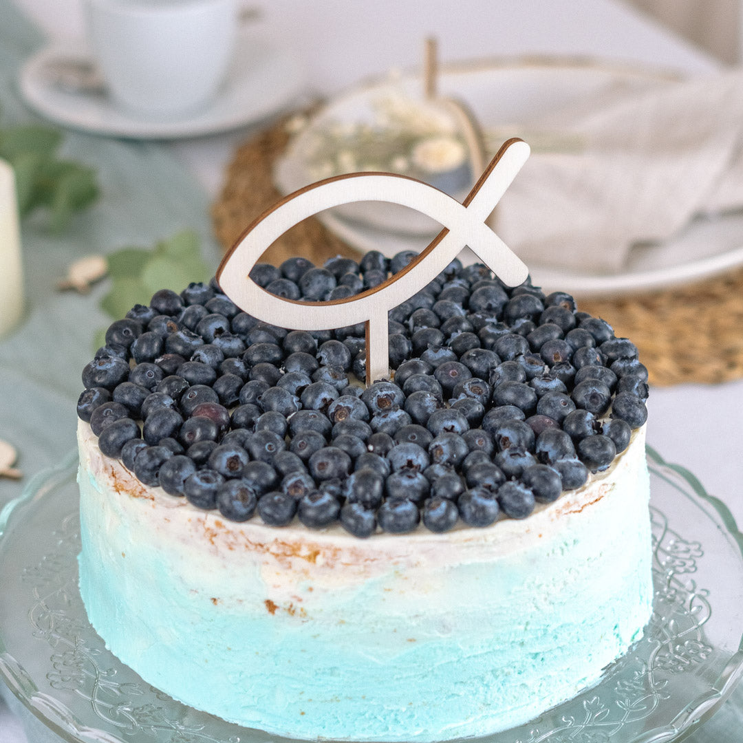 Cake Topper Set Taufe/Kommunion - 3-tlg. Holz-Deko Mit Taube, Fisch & Blumen