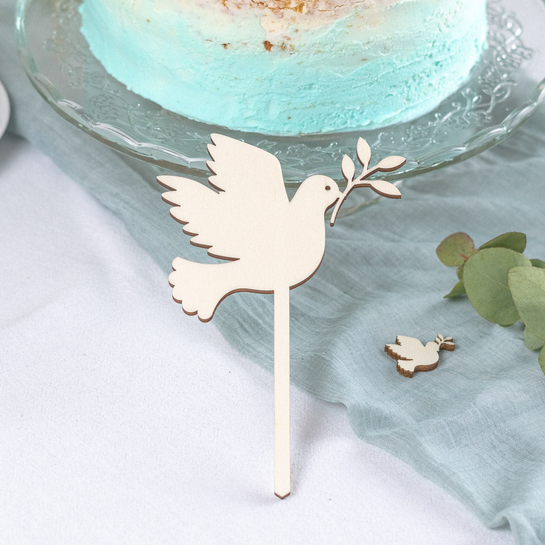 Cake Topper zur Taufe, Kommunion oder Konfirmation aus Holz "Friedenstaube" - JULIBER MANUFAKTUR