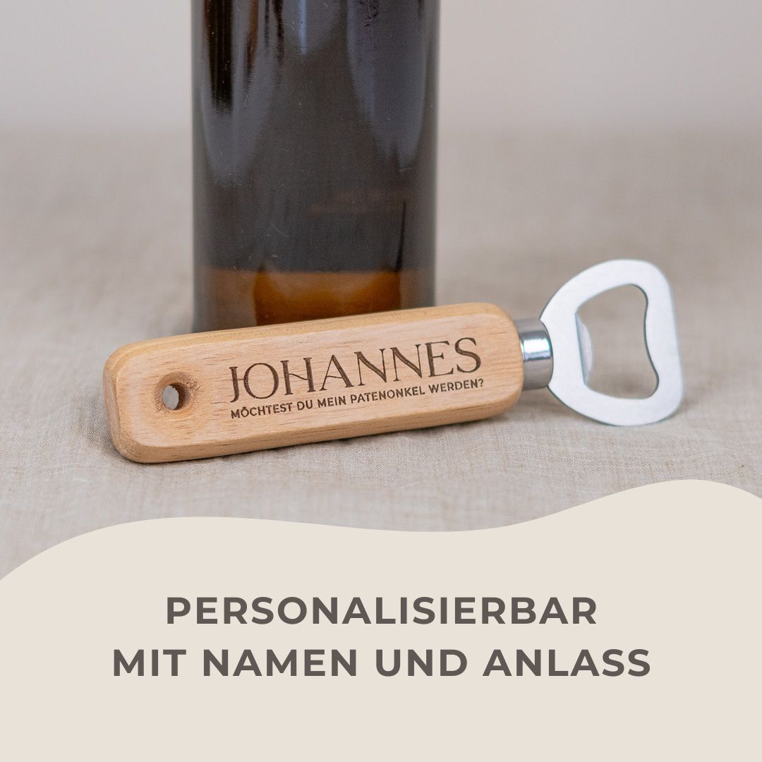 Flaschenöffner personalisiert aus Holz mit Gravur "Trauzeuge fragen"