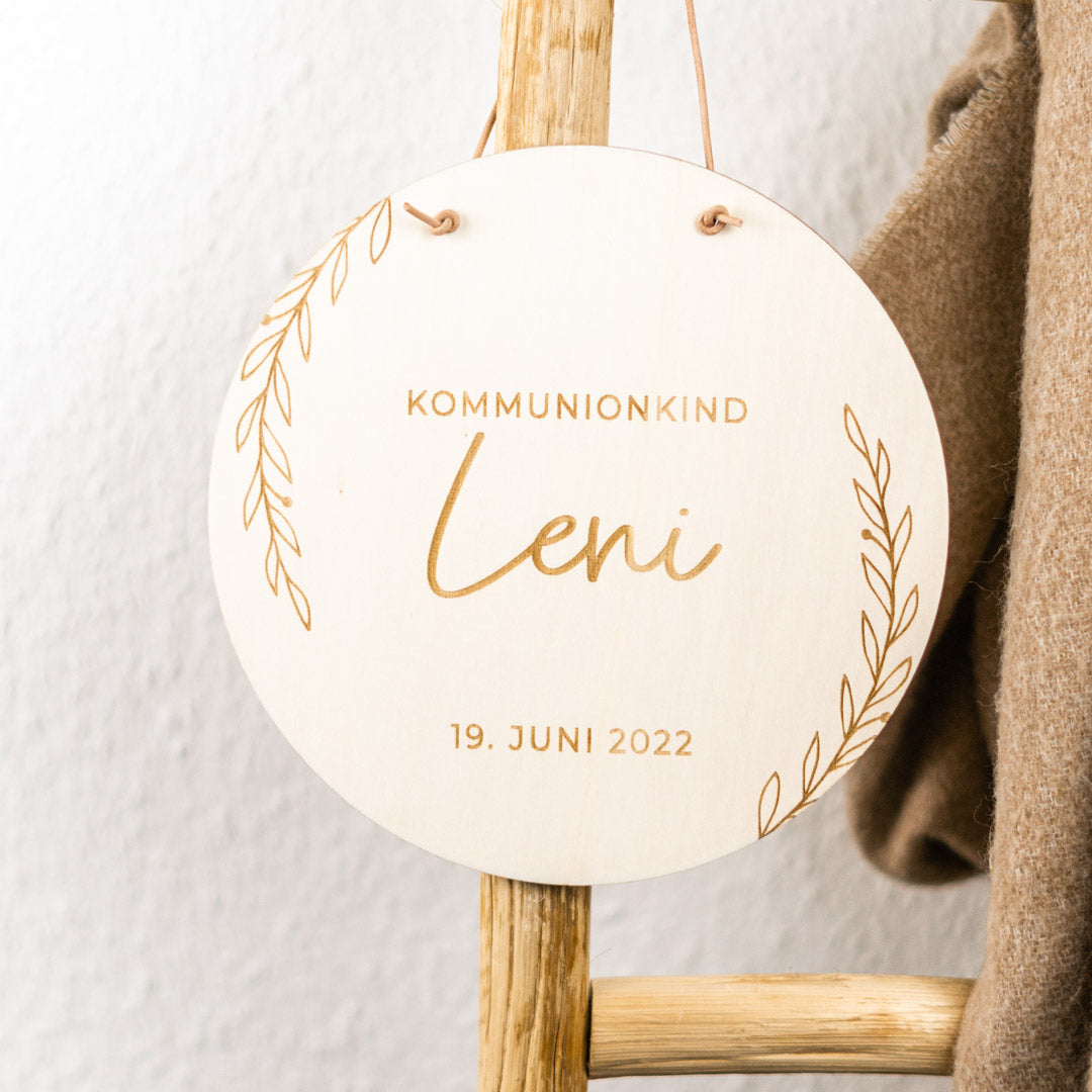 Holzschild personalisiert zur Taufe oder Kommunion  "Flower"