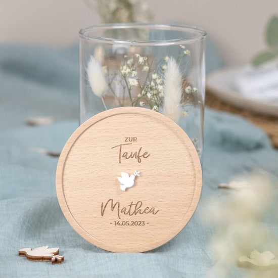 Keksdose personalisiert aus Glas mit Holzdeckel "Friedenstaube"