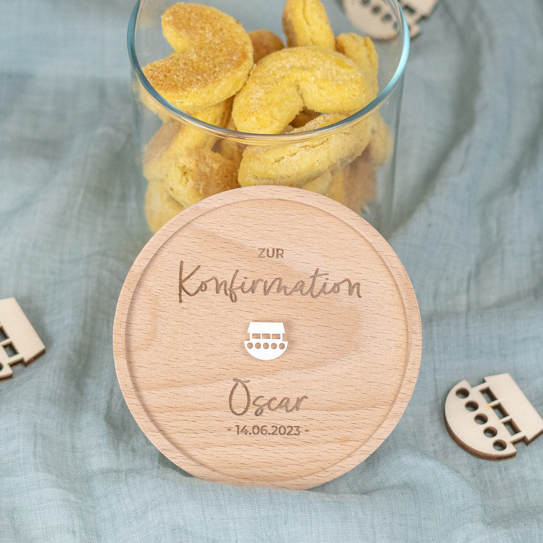 Keksdose personalisiert aus Glas mit Holzdeckel "Arche"