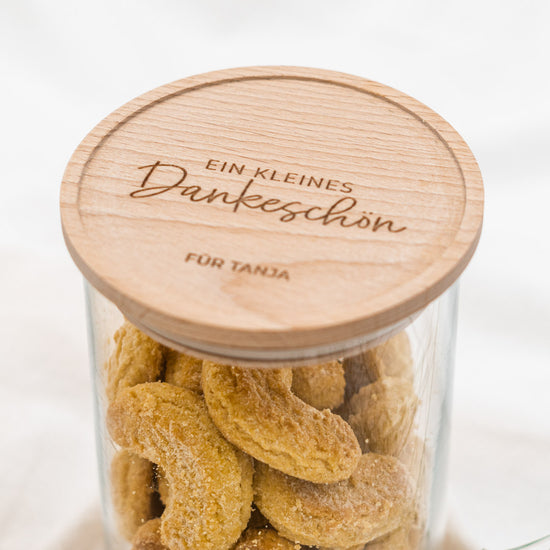 Keksdose personalisiert aus Glas mit Holzdeckel "Dankeschön"