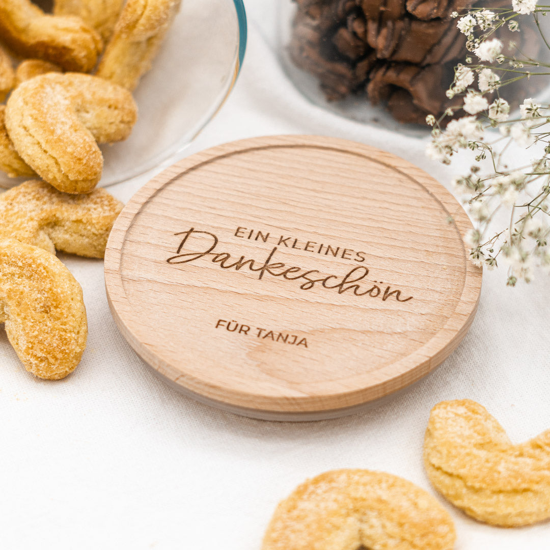 Keksdose personalisiert aus Glas mit Holzdeckel "Dankeschön"