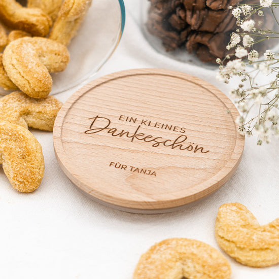 Keksdose personalisiert aus Glas mit Holzdeckel "Dankeschön"