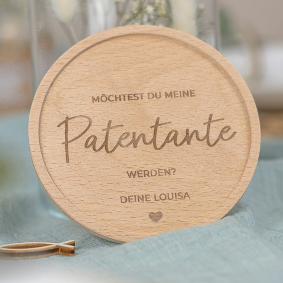 Keksdose personalisiert aus Glas mit Holzdeckel "Taufpaten"