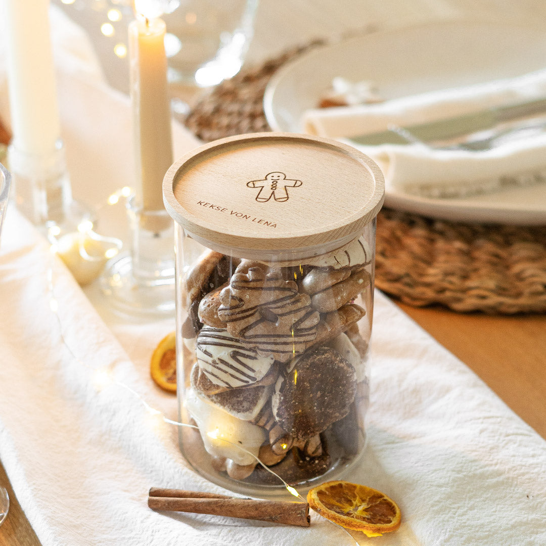 Keksdose personalisiert aus Glas mit Holzdeckel "Keks"