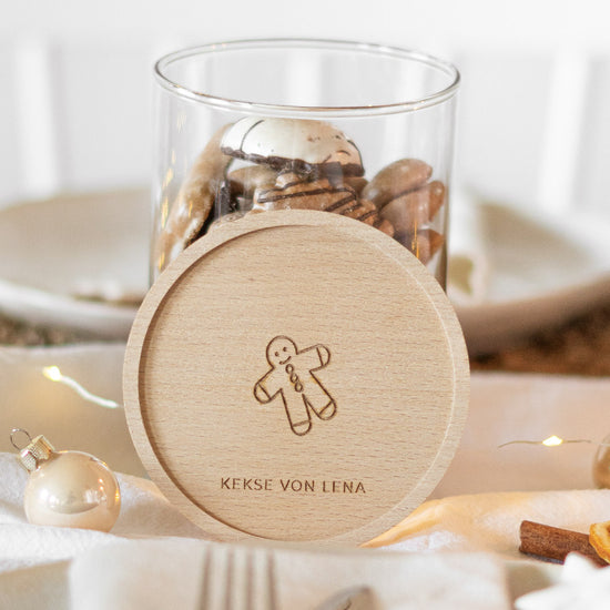 Keksdose personalisiert aus Glas mit Holzdeckel "Keks"