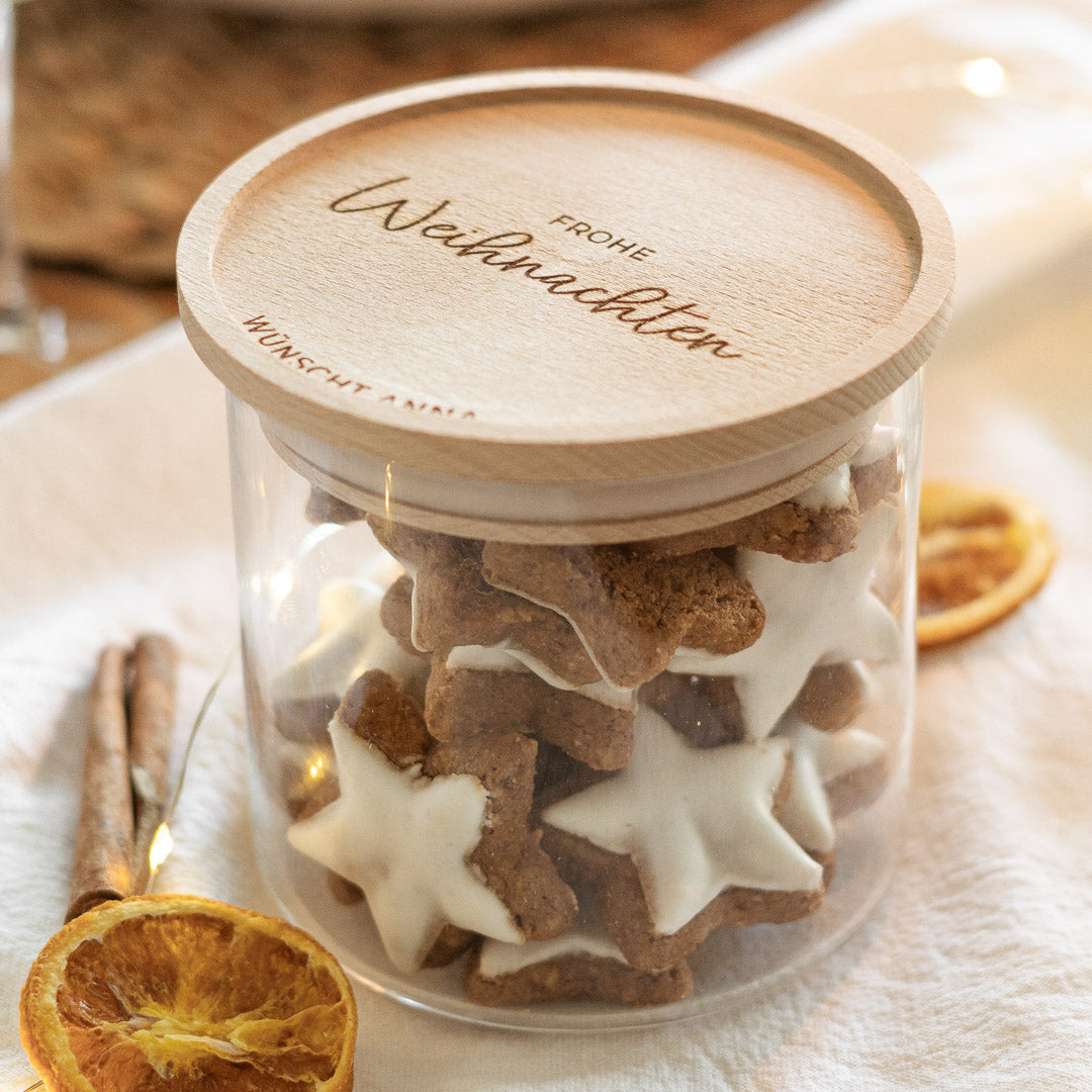 Keksdose personalisiert aus Glas mit Holzdeckel "Frohe Weihnachten"