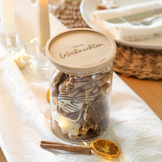 Keksdose personalisiert aus Glas mit Holzdeckel "Frohe Weihnachten"