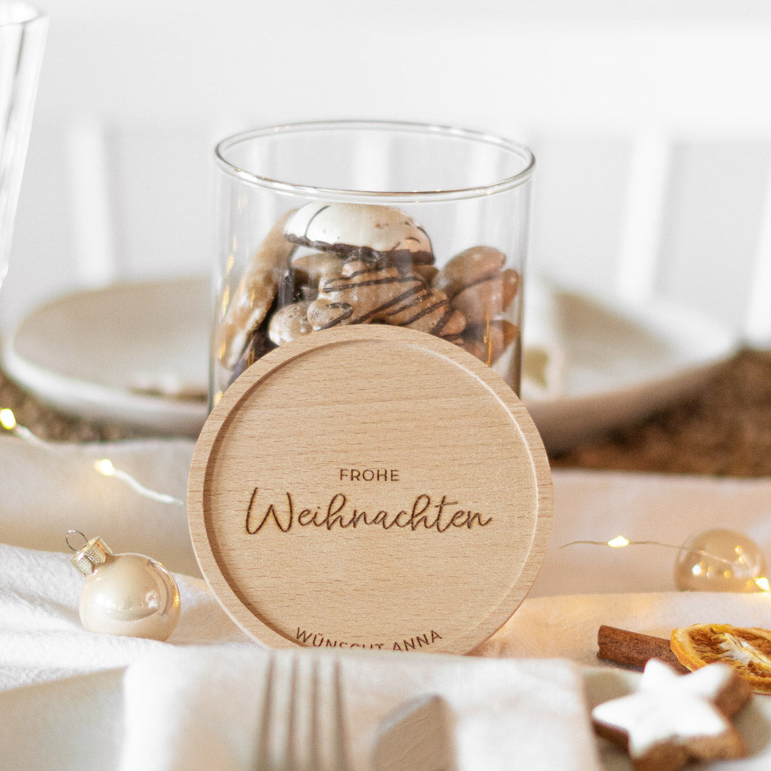 Keksdose personalisiert aus Glas mit Holzdeckel "Frohe Weihnachten"