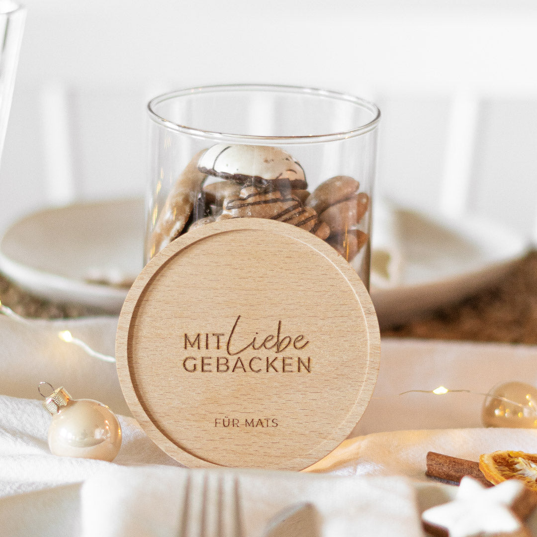 Keksdose personalisiert aus Glas mit Holzdeckel "Liebe gebacken"