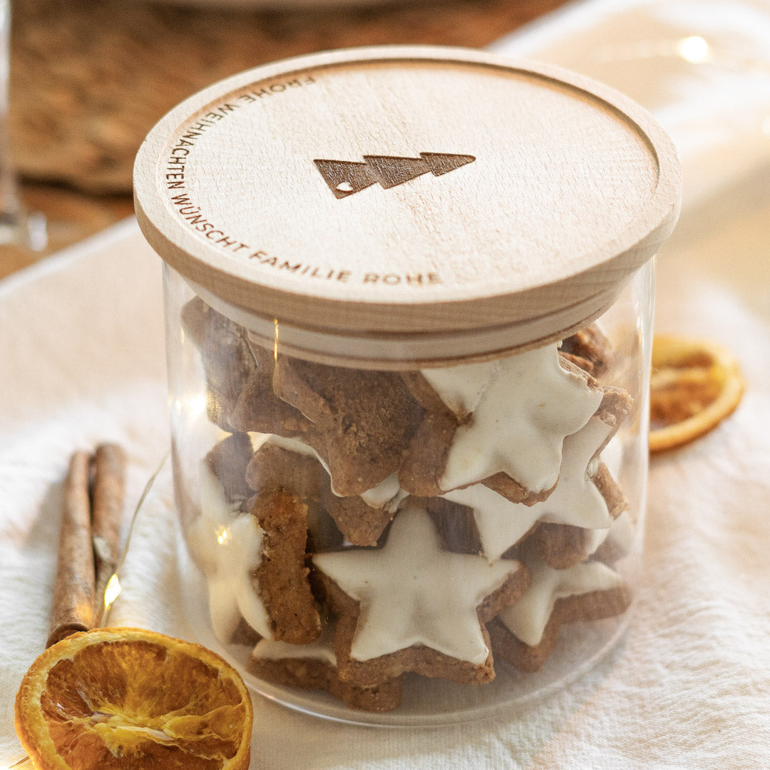 Keksdose personalisiert aus Glas mit Holzdeckel "Weihnachtsbaum"