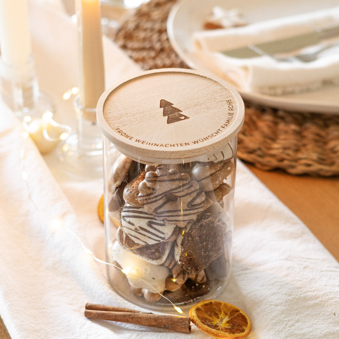 Keksdose personalisiert aus Glas mit Holzdeckel "Weihnachtsbaum"