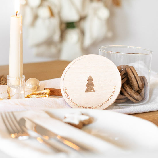 Keksdose personalisiert aus Glas mit Holzdeckel "Weihnachtsbaum"