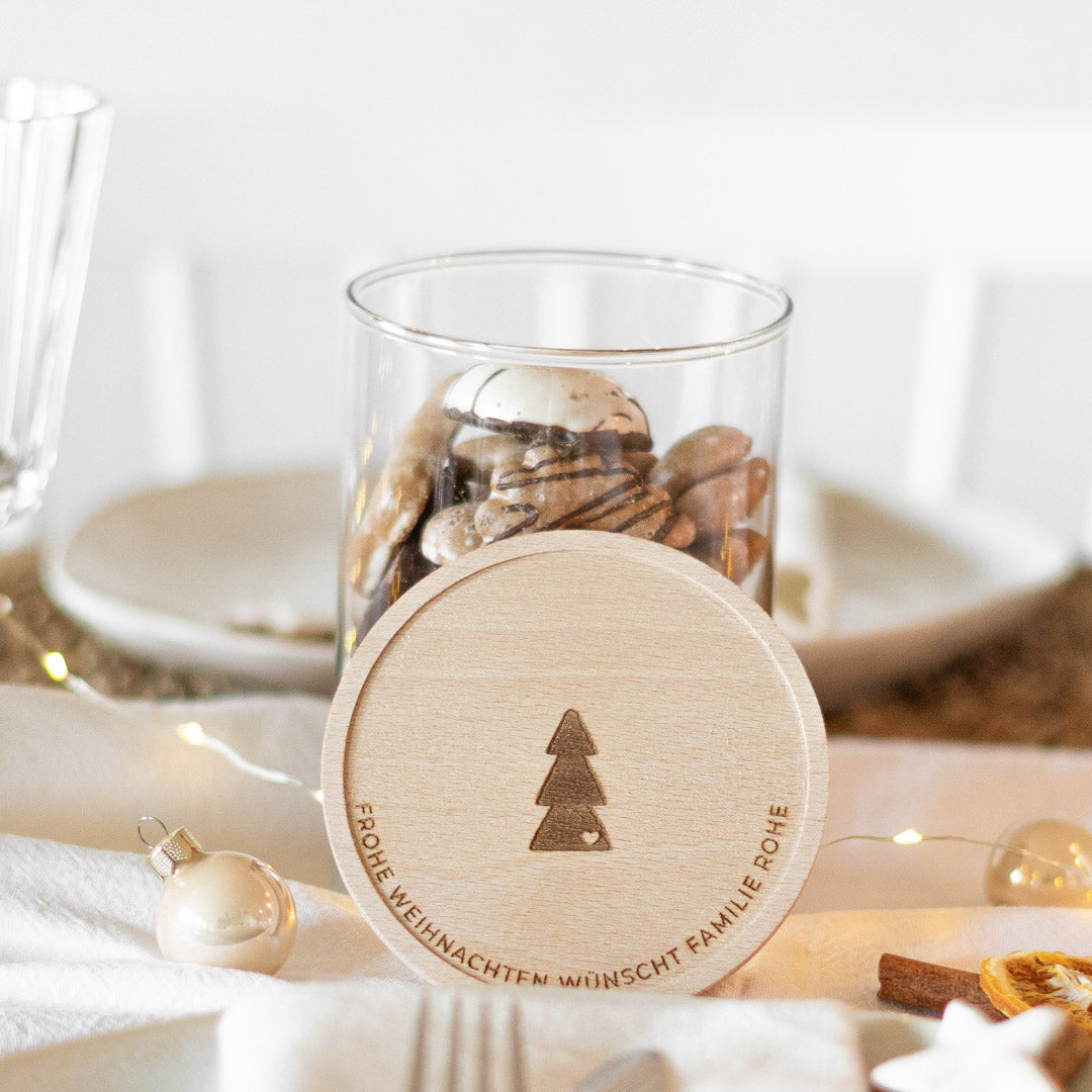 Keksdose personalisiert aus Glas mit Holzdeckel "Weihnachtsbaum"