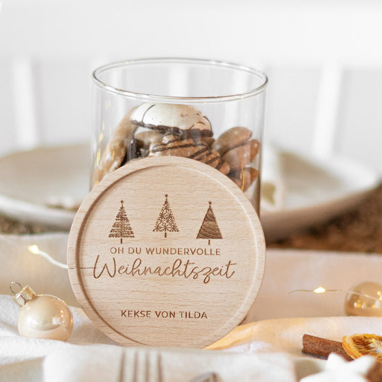 Keksdose personalisiert aus Glas mit Holzdeckel "Weihnachtszeit"