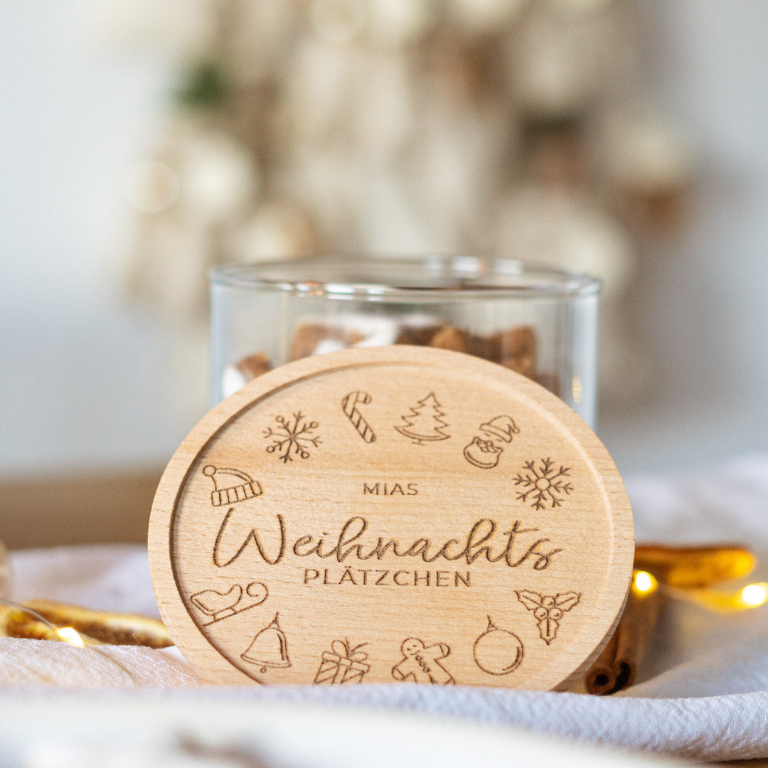 Keksdose personalisiert aus Glas mit Holzdeckel "Weihnachtsplätzchen"