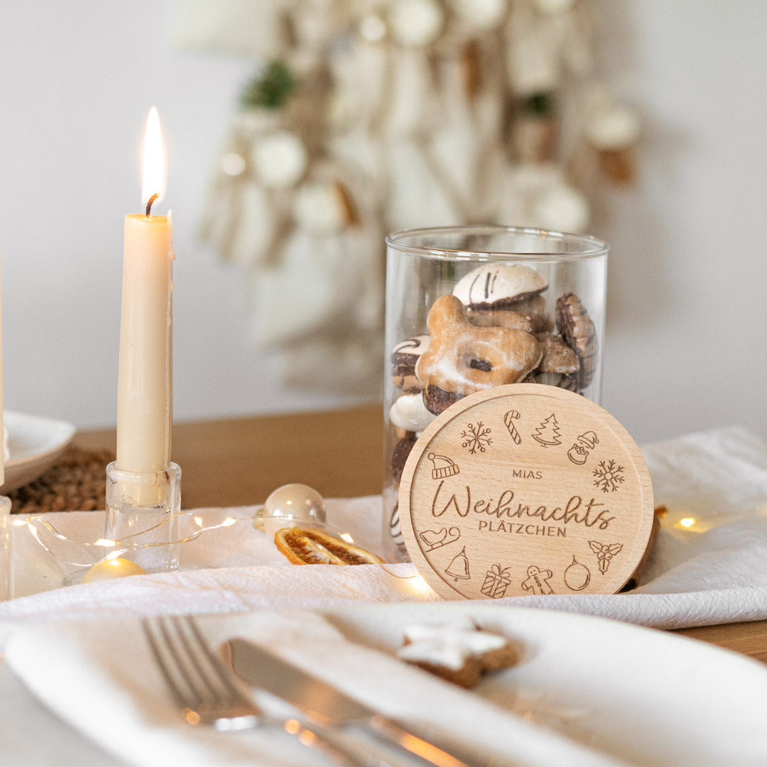 Keksdose personalisiert aus Glas mit Holzdeckel "Weihnachtsplätzchen"