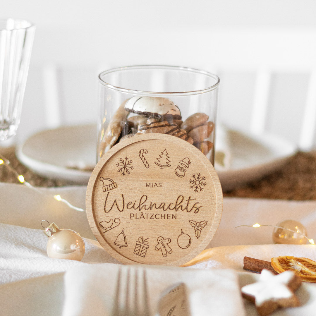 Keksdose personalisiert aus Glas mit Holzdeckel "Weihnachtsplätzchen"